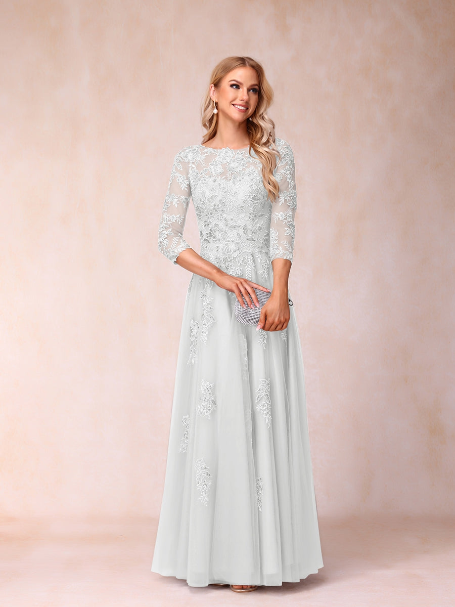 A-Line/Princess Sheer Neck Half Sleeves Long Formal Evening Dresses with Beading &amp; Appliques