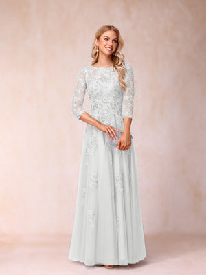 A-Line/Princess Sheer Neck Half Sleeves Long Formal Evening Dresses with Beading & Appliques
