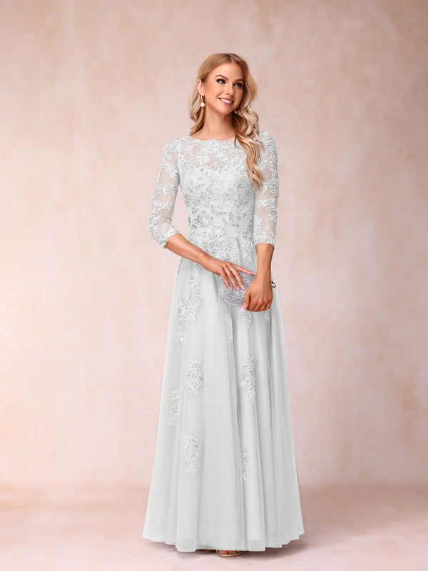 A-Line/Princess Sheer Neck Half Sleeves Long Formal Evening Dresses with Beading & Appliques