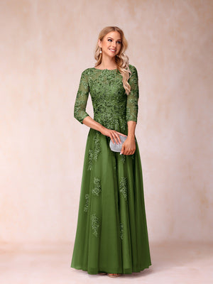 A-Line/Princess Sheer Neck Half Sleeves Long Formal Evening Dresses with Beading & Appliques