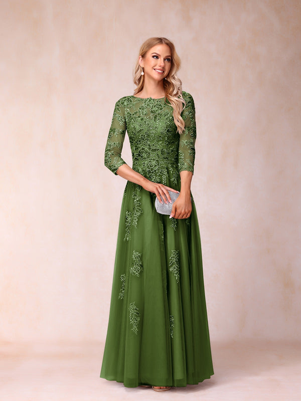A-Line/Princess Sheer Neck Half Sleeves Long Formal Evening Dresses with Beading & Appliques