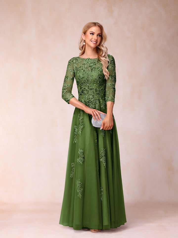 A-Line/Princess Sheer Neck Half Sleeves Long Formal Evening Dresses with Beading &amp; Appliques