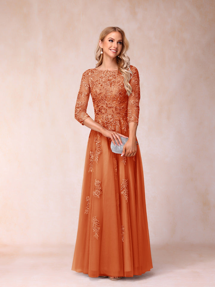 A-Line/Princess Sheer Neck Half Sleeves Long Formal Evening Dresses with Beading &amp; Appliques