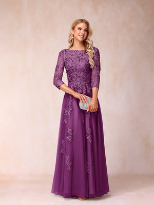 A-Line/Princess Sheer Neck Half Sleeves Long Formal Evening Dresses with Beading & Appliques