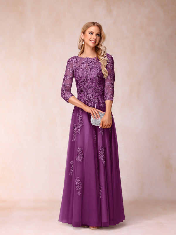 A-Line/Princess Sheer Neck Half Sleeves Long Formal Evening Dresses with Beading & Appliques