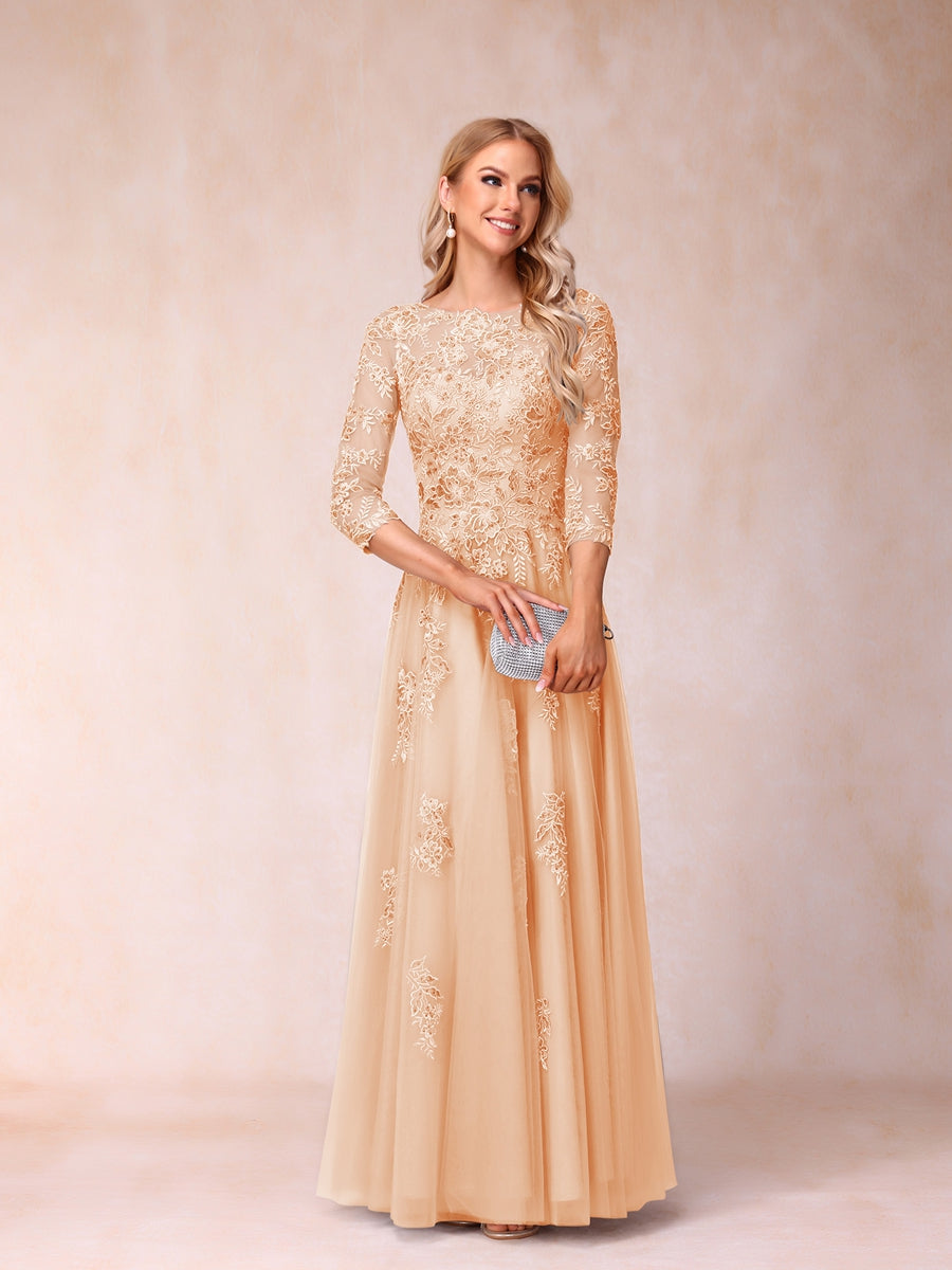 A-Line/Princess Sheer Neck Half Sleeves Long Formal Evening Dresses with Beading &amp; Appliques