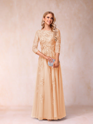 A-Line/Princess Sheer Neck Half Sleeves Long Formal Evening Dresses with Beading & Appliques
