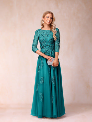 A-Line/Princess Sheer Neck Half Sleeves Long Formal Evening Dresses with Beading & Appliques