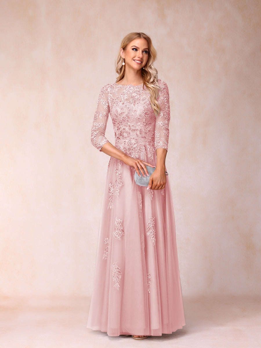A-Line/Princess Sheer Neck Half Sleeves Long Formal Evening Dresses with Beading &amp; Appliques