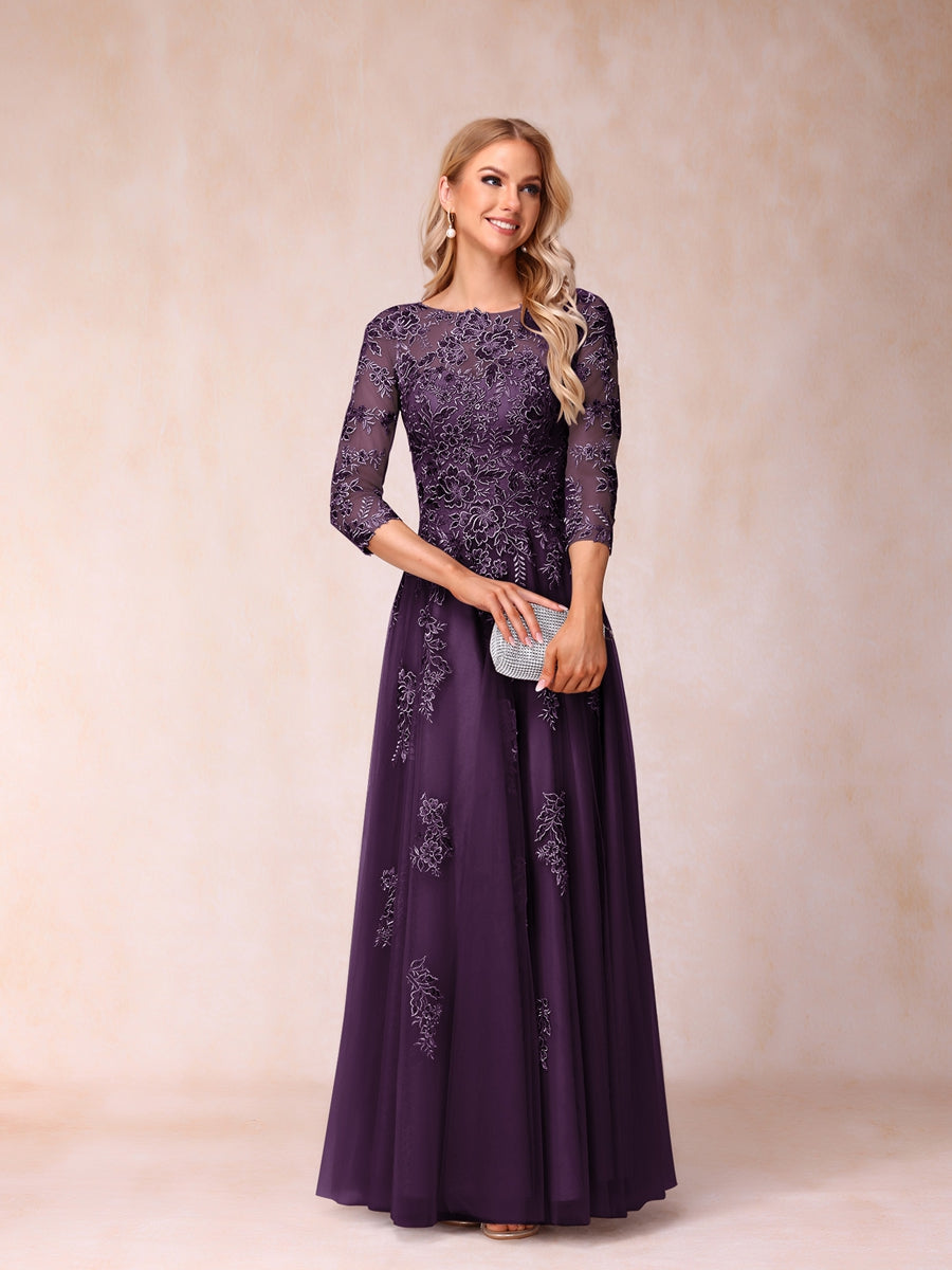 A-Line/Princess Sheer Neck Half Sleeves Long Formal Evening Dresses with Beading &amp; Appliques