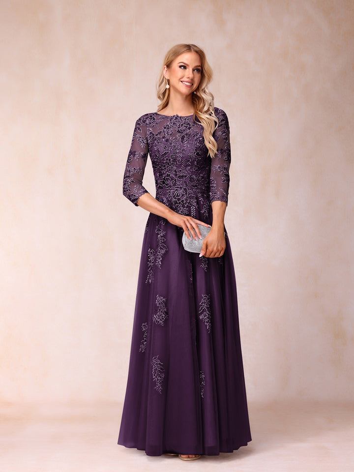 A-Line/Princess Sheer Neck Half Sleeves Long Formal Evening Dresses with Beading &amp; Appliques