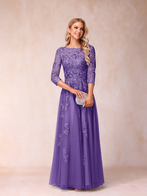 A-Line/Princess Sheer Neck Half Sleeves Long Formal Evening Dresses with Beading & Appliques
