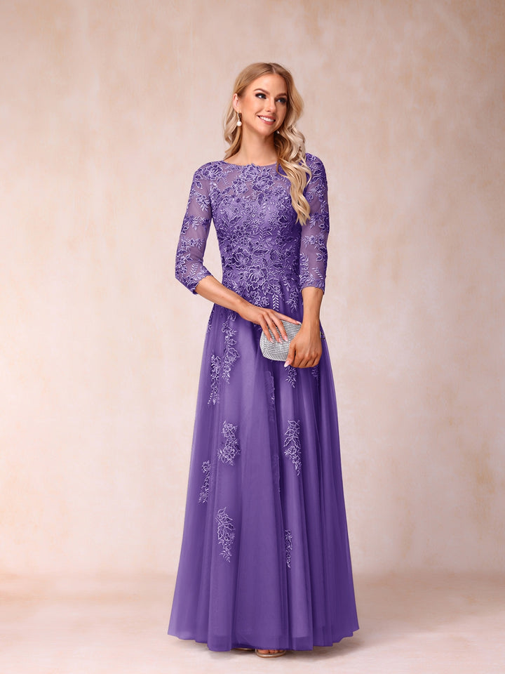 A-Line/Princess Sheer Neck Half Sleeves Long Formal Evening Dresses with Beading &amp; Appliques