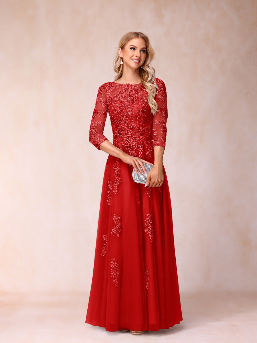 A-Line/Princess Sheer Neck Half Sleeves Long Formal Evening Dresses with Beading &amp; Appliques