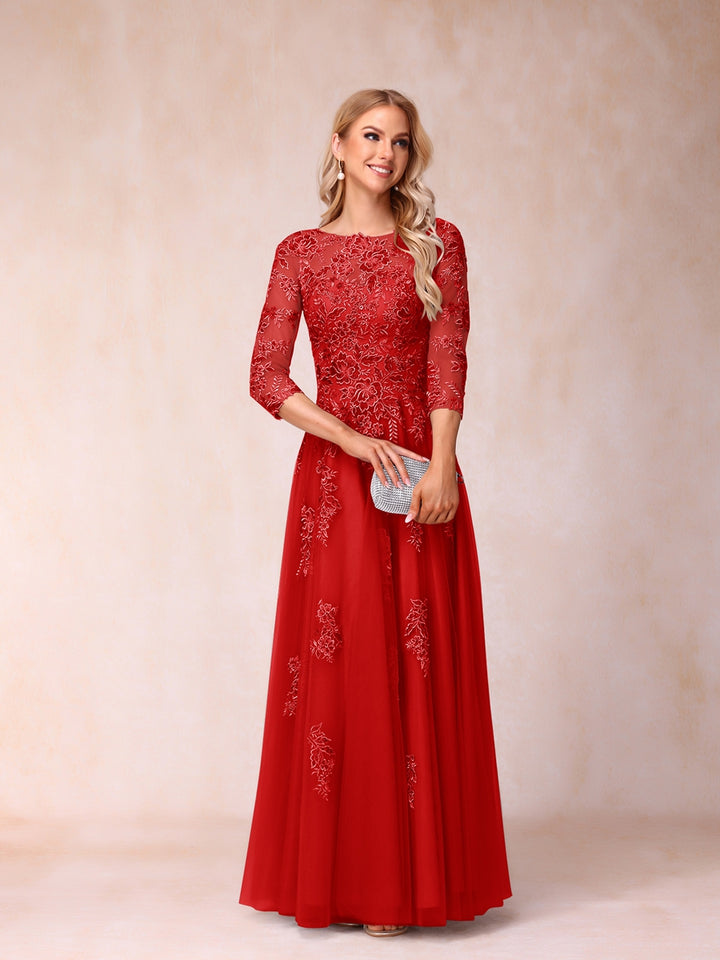 A-Line/Princess Sheer Neck Half Sleeves Long Formal Evening Dresses with Beading &amp; Appliques