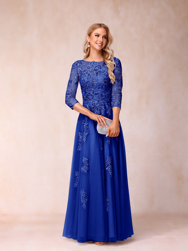 A-Line/Princess Sheer Neck Half Sleeves Long Formal Evening Dresses with Beading &amp; Appliques