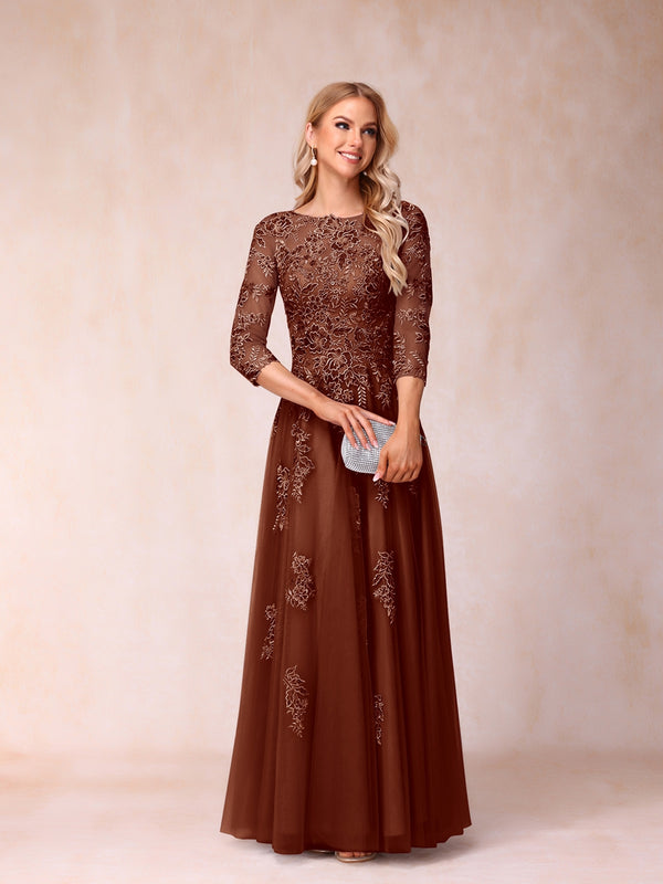 A-Line/Princess Sheer Neck Half Sleeves Long Formal Evening Dresses with Beading & Appliques