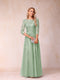 A-Line/Princess Sheer Neck Half Sleeves Long Formal Evening Dresses with Beading & Appliques