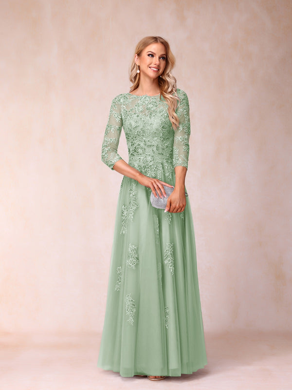 A-Line/Princess Sheer Neck Half Sleeves Long Formal Evening Dresses with Beading & Appliques