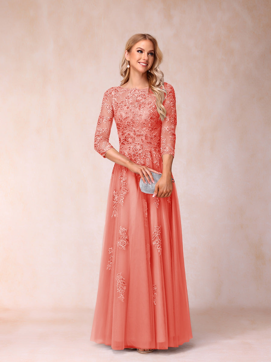 A-Line/Princess Sheer Neck Half Sleeves Long Formal Evening Dresses with Beading &amp; Appliques