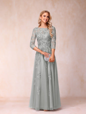 A-Line/Princess Sheer Neck Half Sleeves Long Formal Evening Dresses with Beading & Appliques