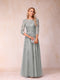 A-Line/Princess Sheer Neck Half Sleeves Long Formal Evening Dresses with Beading & Appliques