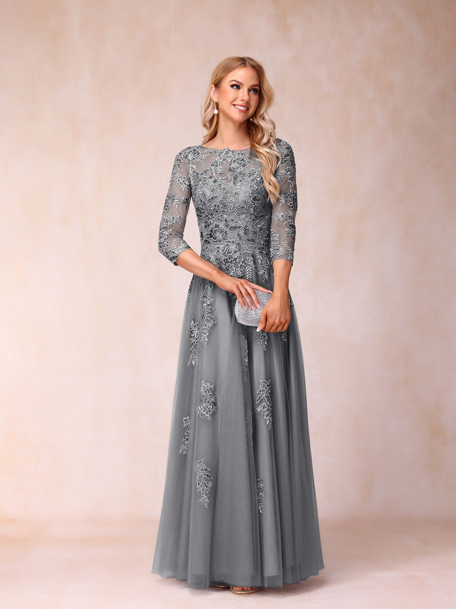 A-Line/Princess Sheer Neck Half Sleeves Long Formal Evening Dresses with Beading &amp; Appliques