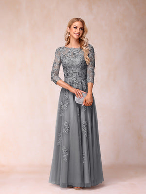 A-Line/Princess Sheer Neck Half Sleeves Long Formal Evening Dresses with Beading & Appliques