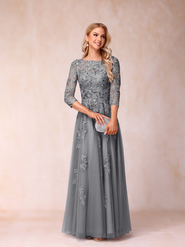 A-Line/Princess Sheer Neck Half Sleeves Long Formal Evening Dresses with Beading & Appliques