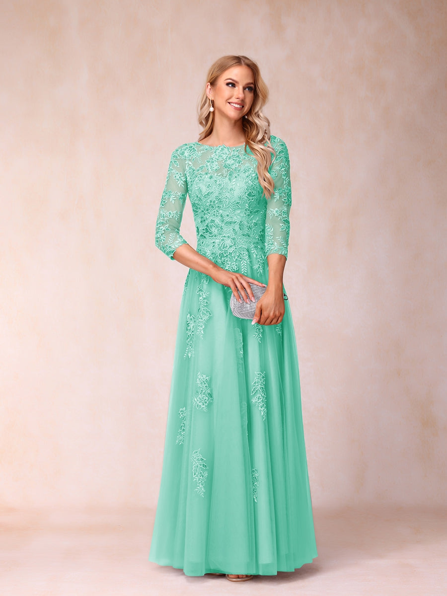 A-Line/Princess Sheer Neck Half Sleeves Long Formal Evening Dresses with Beading &amp; Appliques