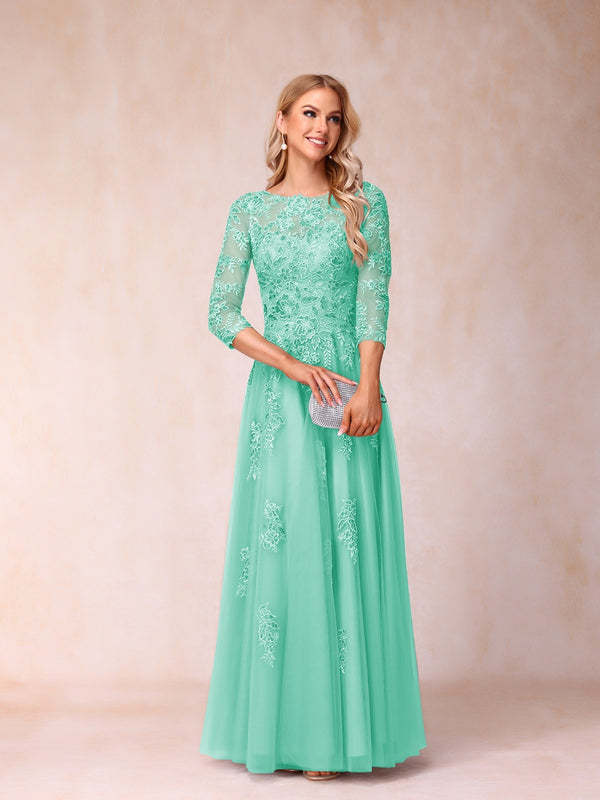 A-Line/Princess Sheer Neck Half Sleeves Long Formal Evening Dresses with Beading & Appliques