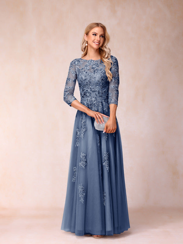 A-Line/Princess Sheer Neck Half Sleeves Long Formal Evening Dresses with Beading & Appliques