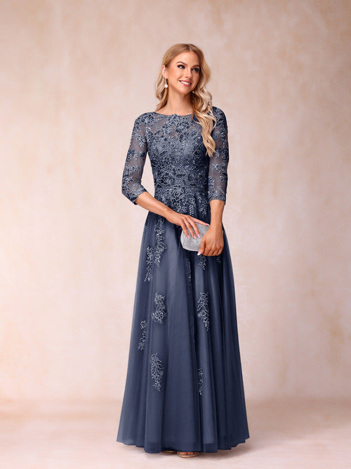 A-Line/Princess Sheer Neck Half Sleeves Long Formal Evening Dresses with Beading & Appliques