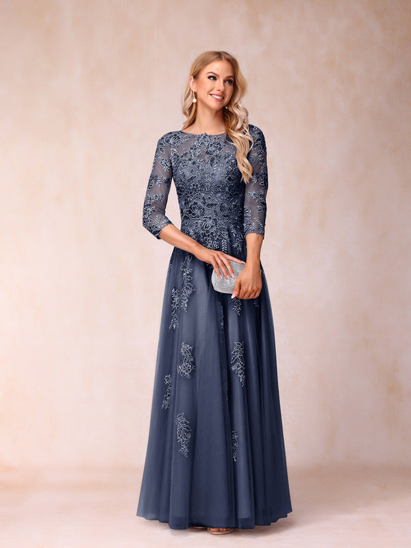 A-Line/Princess Sheer Neck Half Sleeves Long Formal Evening Dresses with Beading & Appliques