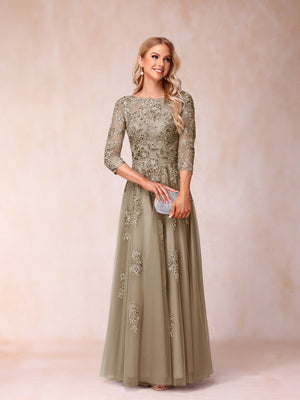 A-Line/Princess Sheer Neck Half Sleeves Long Formal Evening Dresses with Beading & Appliques