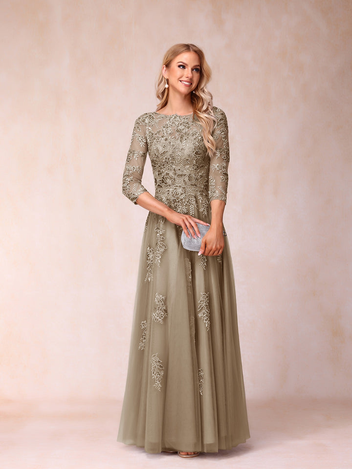 A-Line/Princess Sheer Neck Half Sleeves Long Formal Evening Dresses with Beading &amp; Appliques