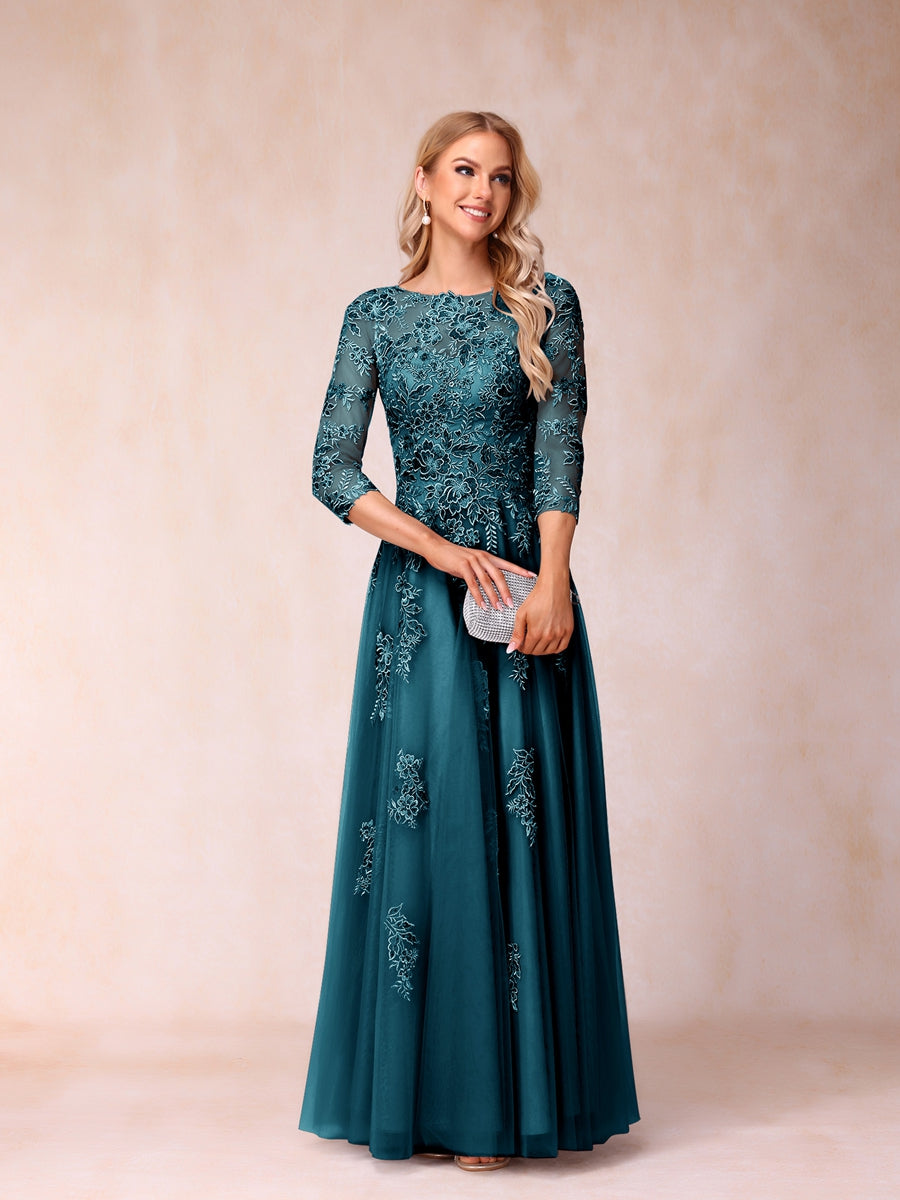 A-Line/Princess Sheer Neck Half Sleeves Long Formal Evening Dresses with Beading &amp; Appliques