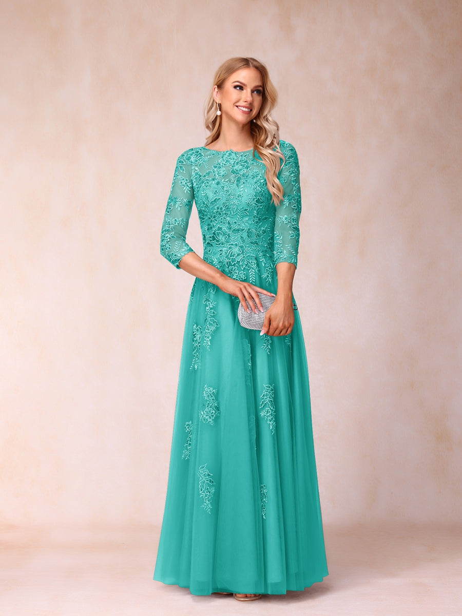 A-Line/Princess Sheer Neck Half Sleeves Long Formal Evening Dresses with Beading &amp; Appliques