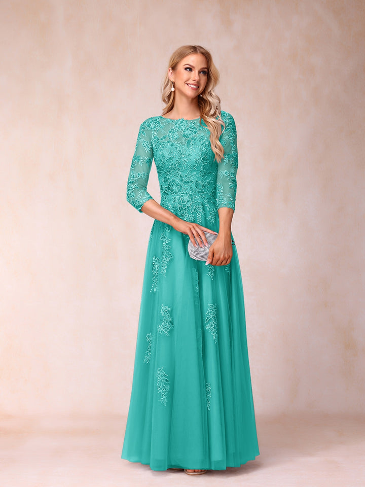 A-Line/Princess Sheer Neck Half Sleeves Long Formal Evening Dresses with Beading &amp; Appliques