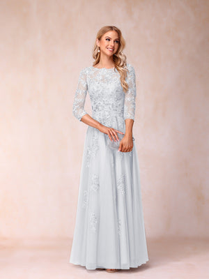A-Line/Princess Sheer Neck Half Sleeves Long Formal Evening Dresses with Beading & Appliques