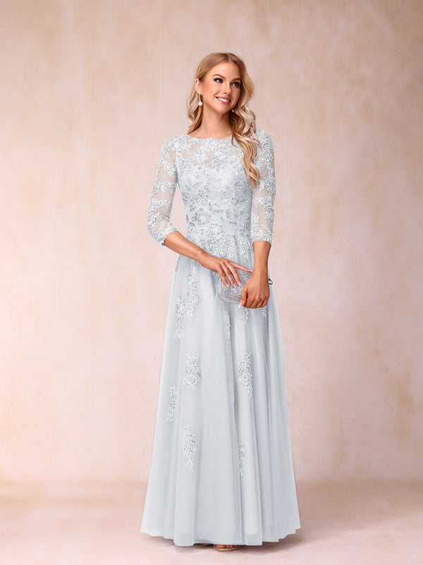 A-Line/Princess Sheer Neck Half Sleeves Long Formal Evening Dresses with Beading & Appliques