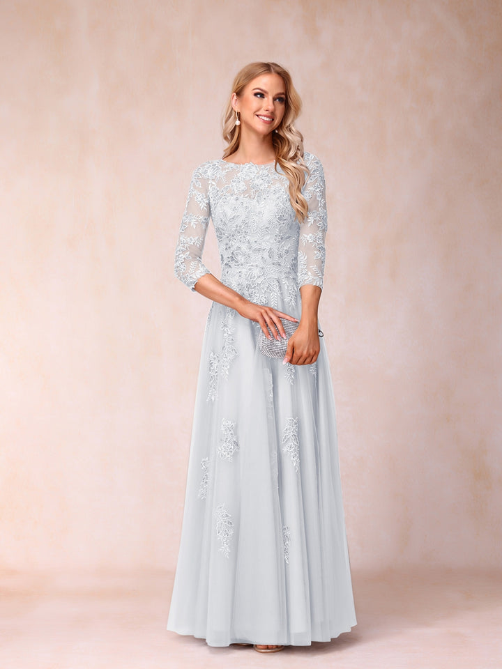 A-Line/Princess Sheer Neck Half Sleeves Long Formal Evening Dresses with Beading &amp; Appliques