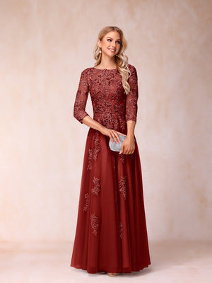 A-Line/Princess Sheer Neck Half Sleeves Long Formal Evening Dresses with Beading & Appliques