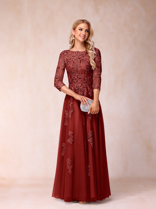 A-Line/Princess Sheer Neck Half Sleeves Long Formal Evening Dresses with Beading & Appliques