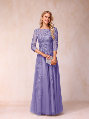 A-Line/Princess Sheer Neck Half Sleeves Long Formal Evening Dresses with Beading & Appliques
