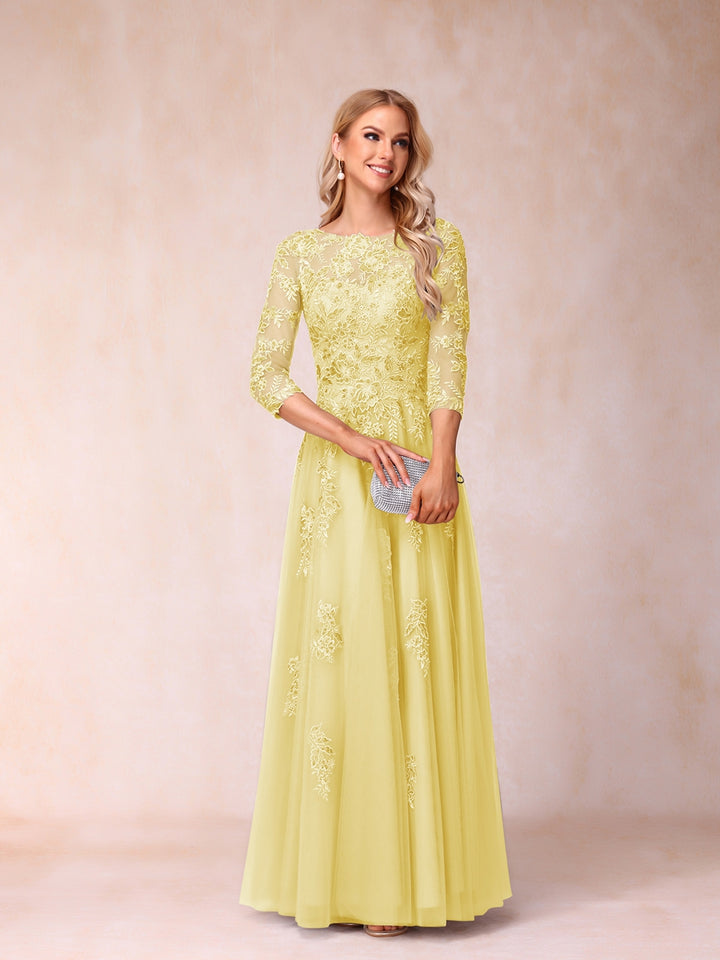 A-Line/Princess Sheer Neck Half Sleeves Long Formal Evening Dresses with Beading &amp; Appliques