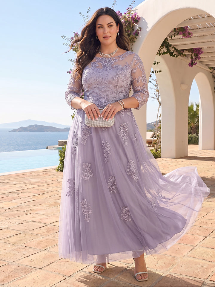 A-Line/Princess Sheer Neck Half Sleeves Long Formal Plus Size Evening Dresses with Beading &amp; Appliques