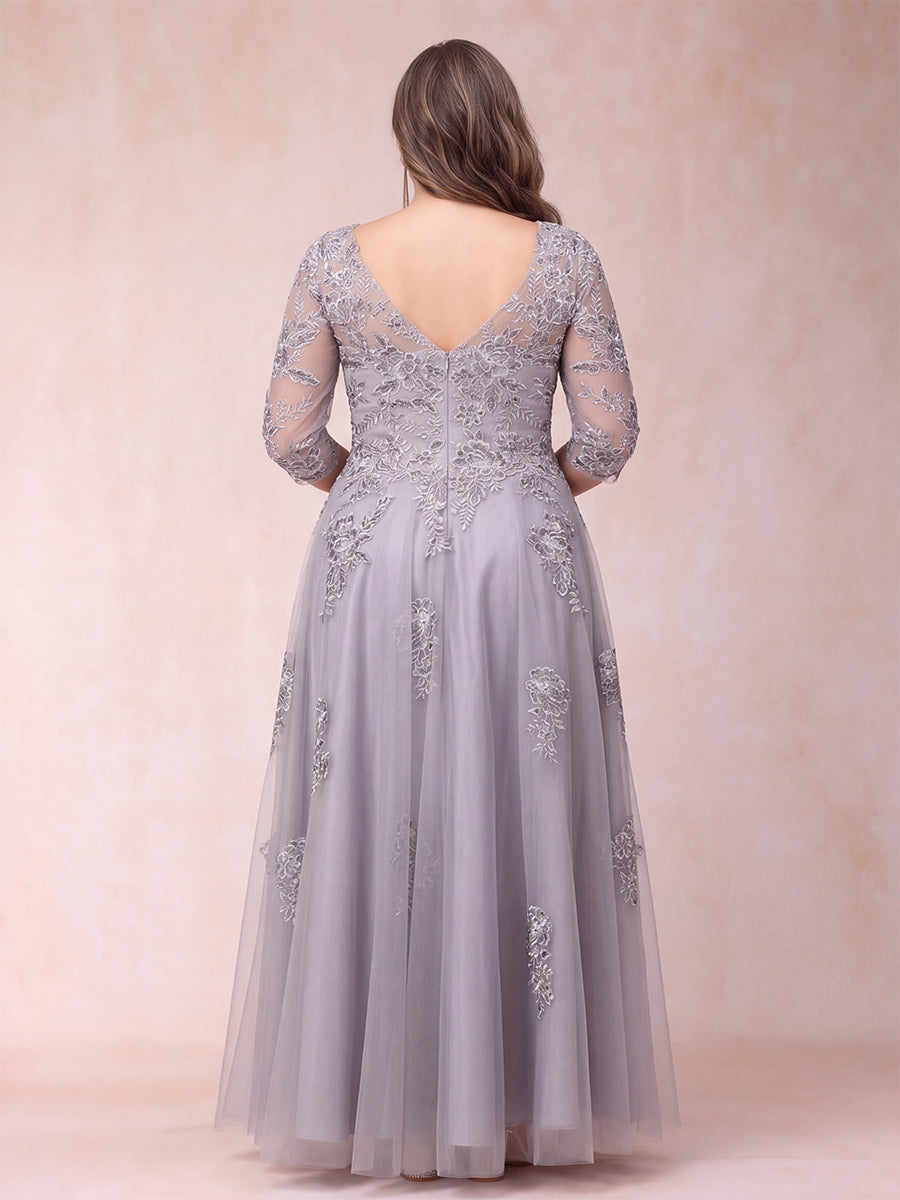 A-Line/Princess Sheer Neck Half Sleeves Long Formal Plus Size Evening Dresses with Beading &amp; Appliques