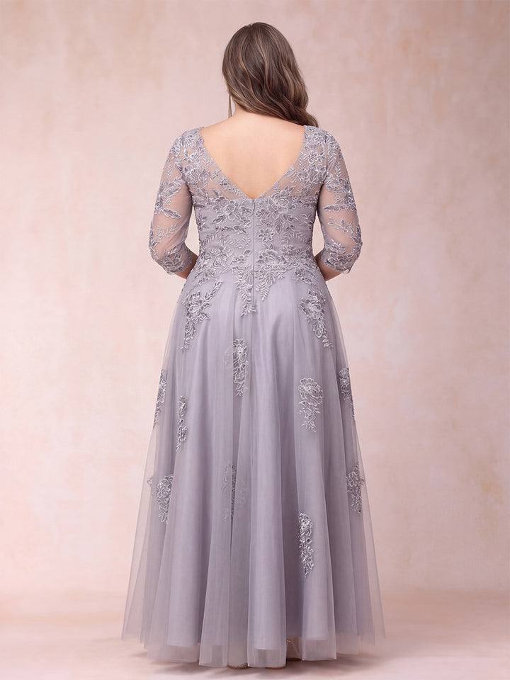 A-Line/Princess Sheer Neck Half Sleeves Long Formal Plus Size Evening Dresses with Beading &amp; Appliques