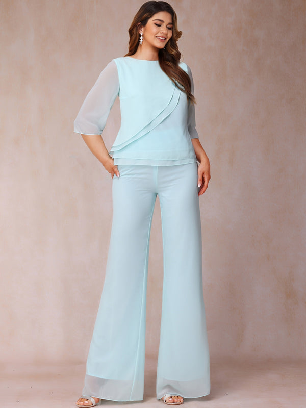 High Neck 3/4 Sleeves Formal Plus Size Jumpsuits for Women with Ruffles